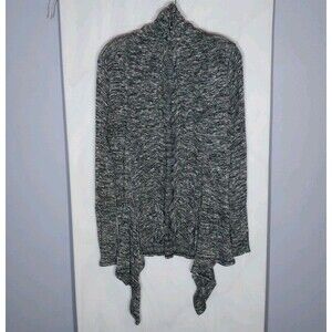Emerald USA Long Open Cardigan Sz L Black White Heathered Draped Ruffled Cozy
